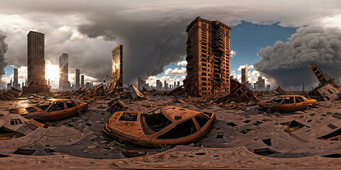 Full 360 degrees seamless spherical panorama HDRI equirectangular projection of An abandoned post-apocalyptic city. Texture environment map for lighting and reflection source rendering 3d scenes.