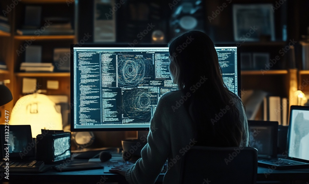 Aufkleber A person analyzing data on a computer in a dimly lit workspace.