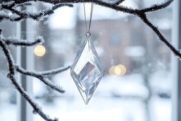 crystal hanged in crhistmas tree with snowy background
