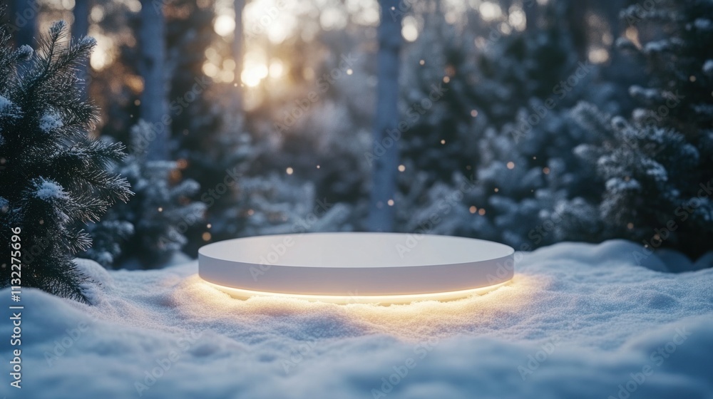 Poster a glowing circular platform in a snowy forest at sunset, creating a mystical atmosphere.