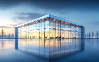 Obraz premium Modern glass building reflecting in water at sunset.