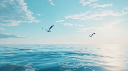Fototapeta premium Seagulls gliding effortlessly above a tranquil ocean, the bright blue sky reflecting on the waves below, a breathtaking 4K masterpiece