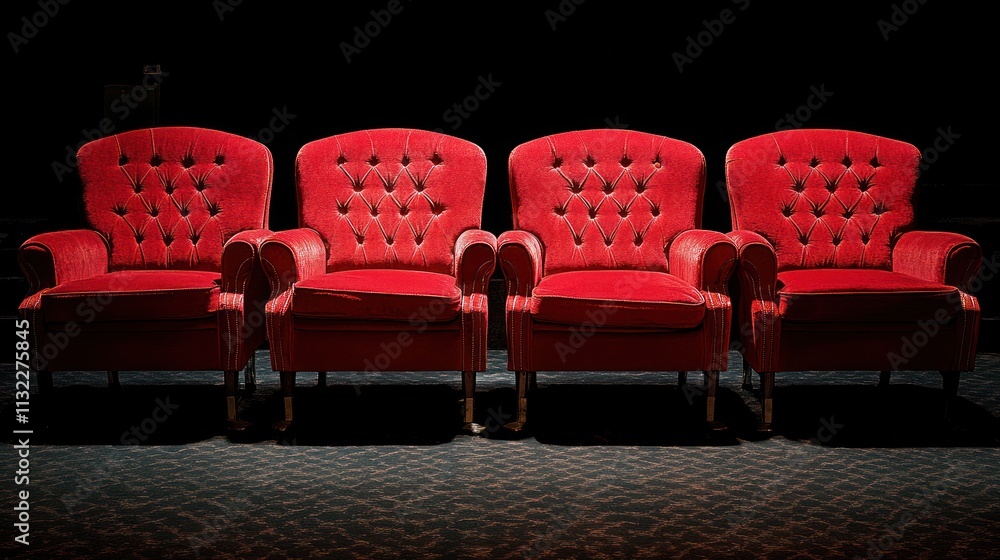 Poster a row of four elegant red upholstered chairs with button detailing against a dark background.