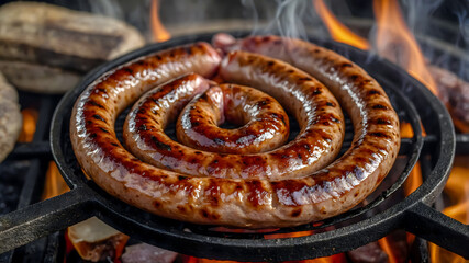 Boerewors sausage sizzling on a traditional South African braai, south african, boerewors, sausage, sizzle