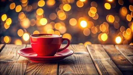 Obraz premium Top View of a Red Coffee Cup on a Wooden Board with Bokeh Effect - Cozy Café Ambiance, Warm Beverage, Rustic Table Setting, Coffee Lover's Dream, Relaxing Atmosphere