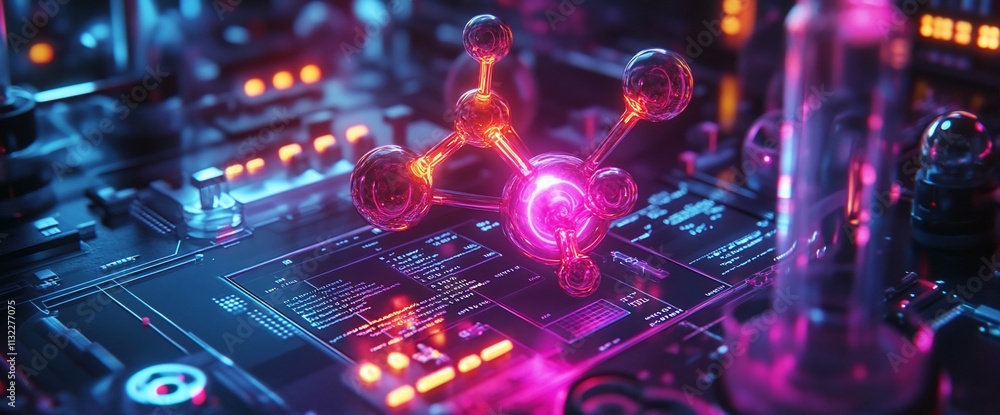 Poster a vibrant molecular structure overlaid on a high-tech circuit board.