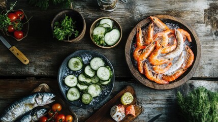 Nordic seafood feast: smoked herring, fresh prawns, and pickled cucumbers on a rustic table