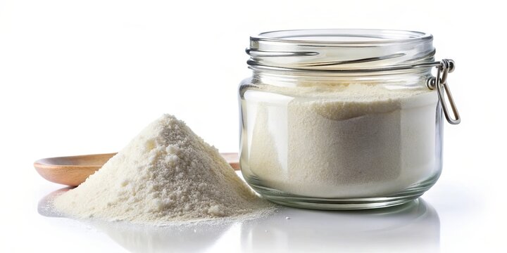 MSM powder in a clear glass jar on a white background, health, supplement, organic, beauty, skincare, nutrition, wellness