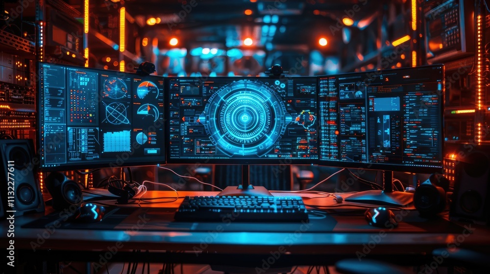 Poster futuristic tech setup with triple monitor displaying data.