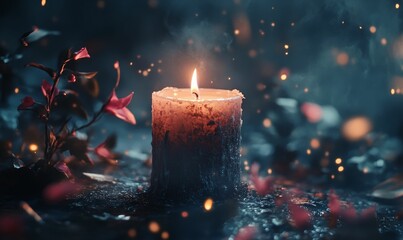 Burning candle, dark background, small flowers, glowing embers.