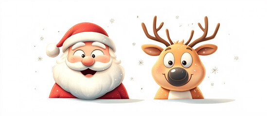 Cheerful Santa Claus and cute reindeer cartoon faces side by side, both with happy expressions, white background.