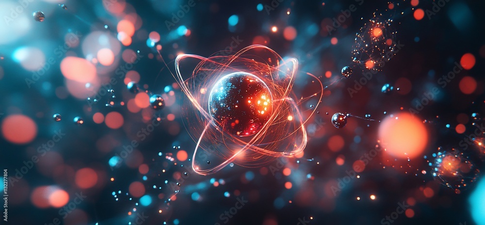 Aufkleber abstract representation of an atom with glowing particles and energy fields.