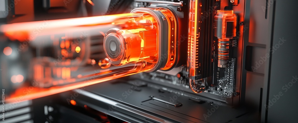 Poster close-up of a high-performance computer's cooling system with vibrant lighting.