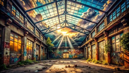 Fototapeta premium Urban Exploration Photography: I Font Clouds - Abandoned Building, Industrial Decay, Graffiti Art, Skylight, Mysterious Atmosphere