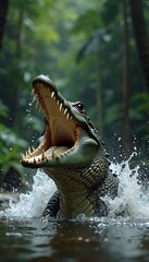 Obraz premium Crocodile lunging out of water to catch prey, jaws wide open, splashing water, dense jungle backdrop