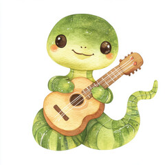 Obraz premium Kawaii cute adorable little watercolor style snake playing a ukulele, isolated on a white background snake, vector, cute, 