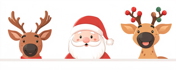 Obraz premium Cartoon faces of Santa Claus and his reindeer, winter style, white background.