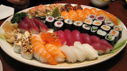 A large platter of assorted sushi, including salmon, tuna, and other varieties, garnished with wasabi and ginger.