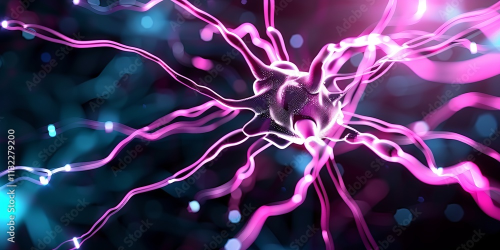 Poster a vibrant and abstract representation of a neuron with glowing pink and blue connections, highlighti