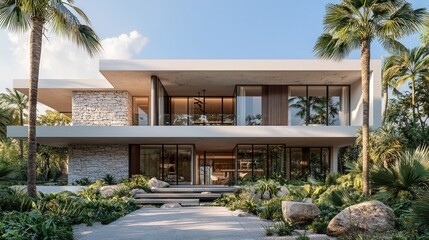 Fototapeta premium Standing gracefully in a lush garden, this striking modern residence features white walls, expansive glass windows, and organic materials. Daylight illuminates the airy spaces within and outside