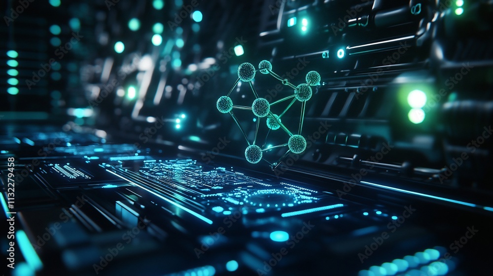 Poster Futuristic digital interface with molecular structure and glowing elements.