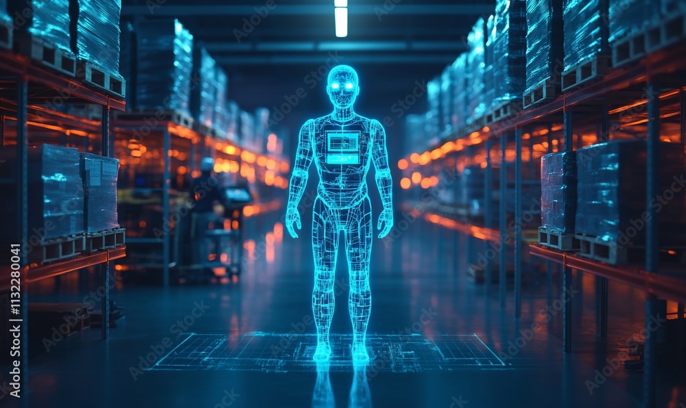 Poster holographic robot in a warehouse, symbolizing future technology and automation.