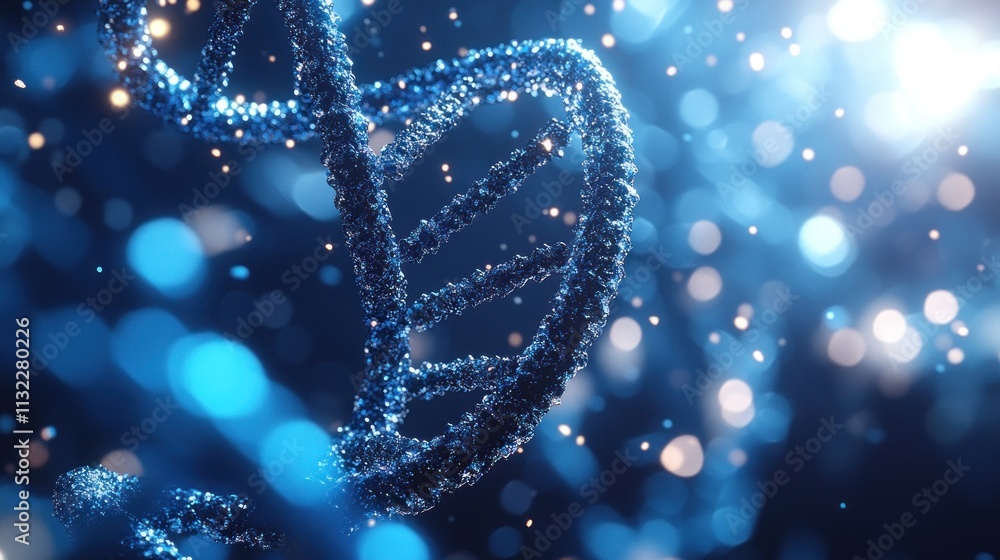 Poster a digital representation of a dna double helix with a blue bokeh background.