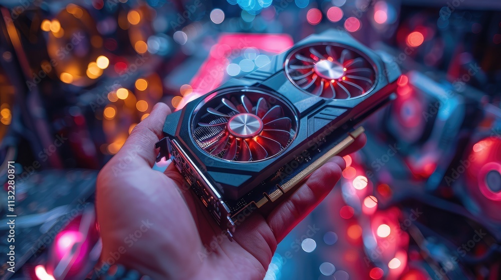 Poster hand holding a graphic card with glowing fans, surrounded by illuminated computer components.