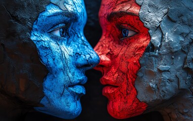 Dual faces in red and blue, representing ideological rifts, dramatic facial expressions, conceptual art, social conflict theme, vibrant colors, sharp visual contrast