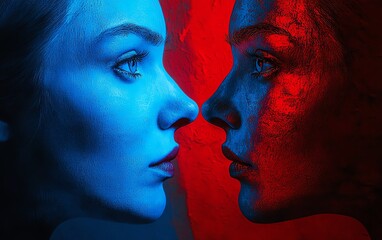 Dual faces in red and blue, representing ideological rifts, dramatic facial expressions, conceptual art, social conflict theme, vibrant colors, sharp visual contrast