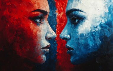 Dual faces in red and blue, representing ideological rifts, dramatic facial expressions, conceptual art, social conflict theme, vibrant colors, sharp visual contrast
