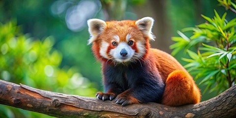 Obraz premium Cute red panda perched on a tree branch in a Japanese zoo, red panda, cute, zoo, Japan, tree branch, wildlife, fluffy, adorable