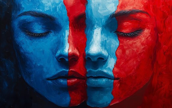 Dual faces in red and blue, representing ideological rifts, dramatic facial expressions, conceptual art, social conflict theme, vibrant colors, sharp visual contrast