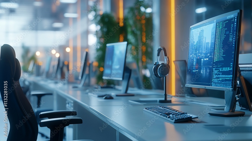 Poster modern office workspace with computers and headphones for productivity.