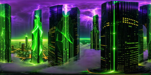 Full 360 degrees seamless spherical panorama HDRI equirectangular projection of A futuristic green matrix metropolis. Texture environment map for lighting and reflection source rendering 3d scenes.