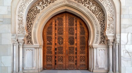 Obraz premium Intricate Carved Wooden Doors with Ornate Archway