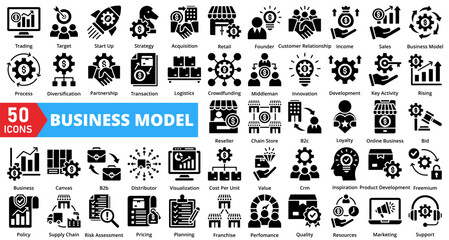 Set of business model web icons in solid style. Containing strategy, framework, innovation, structure, growth, planning, process, vision, design, system