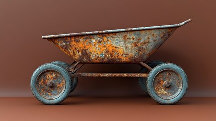 Rusty wheelbarrow isolated on brown background.