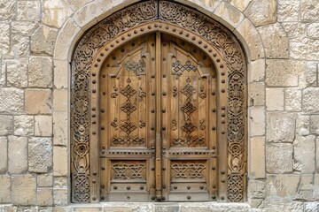 Fototapeta premium Intricate Carved Wooden Door in a Stone Wall