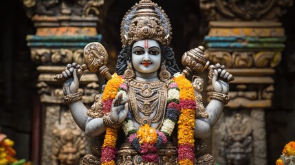 Fototapeta premium Vishnu is the god of Preservation, the great maintainer who often appears in various incarnations avatara to provide salvation for humanity Some of his best-known avatars who are tremendously pop. AI
