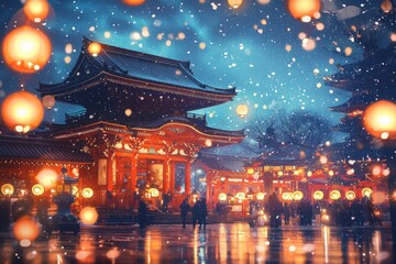 Fototapeta premium A vibrant scene of a traditional temple illuminated by lanterns amidst a winter snow, capturing the essence of cultural festivities.