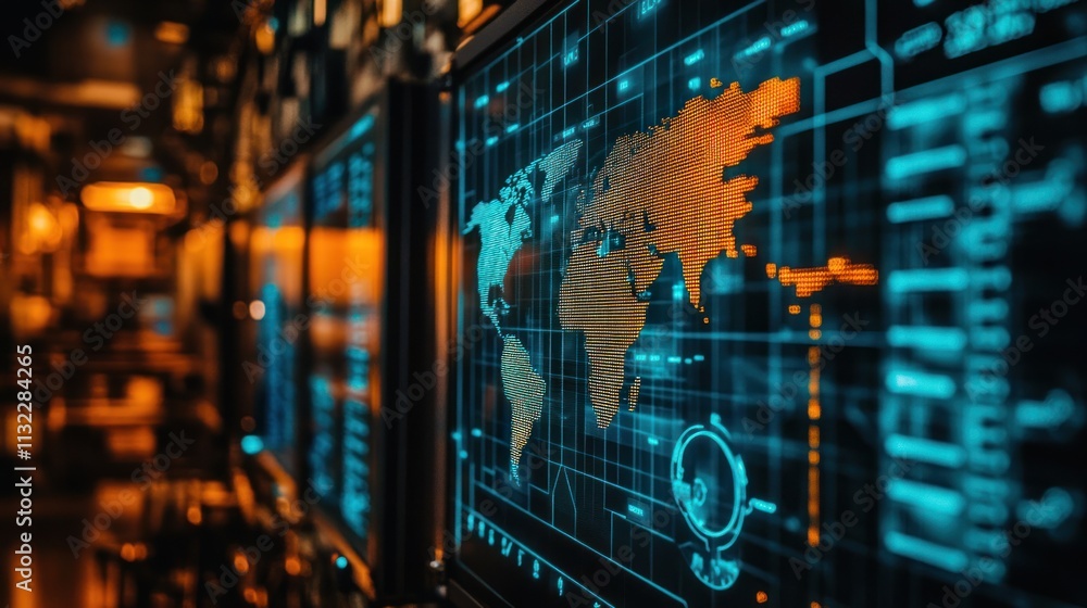 Poster Global Network Monitoring System Displays World Map Data