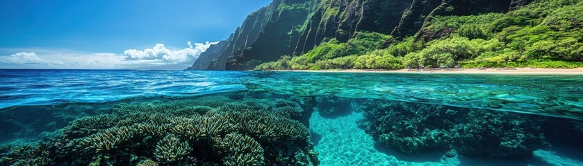 Serene ocean view with vibrant coral reefs and lush green cliffs under a clear blue sky. Perfect for nature enthusiasts and travelers.