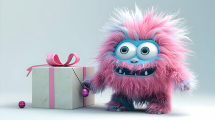 Fototapeta premium Pink Fluffy Monster 3D Render Gift Illustration