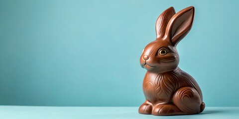 Close-up of chocolate Easter bunny on light blue background, Easter, bunny, chocolate, close-up, delicious, sweet