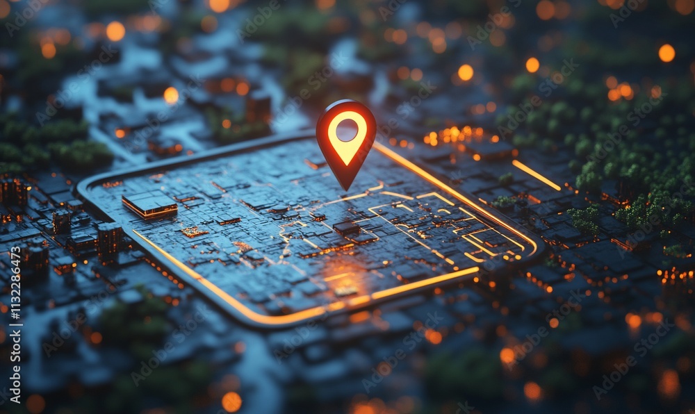 Poster a digital map with a location pin highlighting an urban area at night.