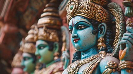 Fototapeta premium Vishnu is the god of Preservation, the great maintainer who often appears in various incarnations avatara to provide salvation for humanity Some of his best-known avatars who are tremendously pop. AI