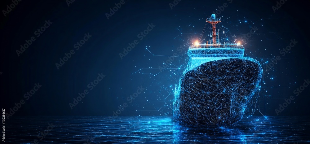 Poster a digital representation of a ship with a network-like design.