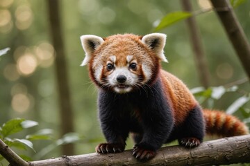 Fototapeta premium Close view of Red Panda cub against natural environment blurred background.