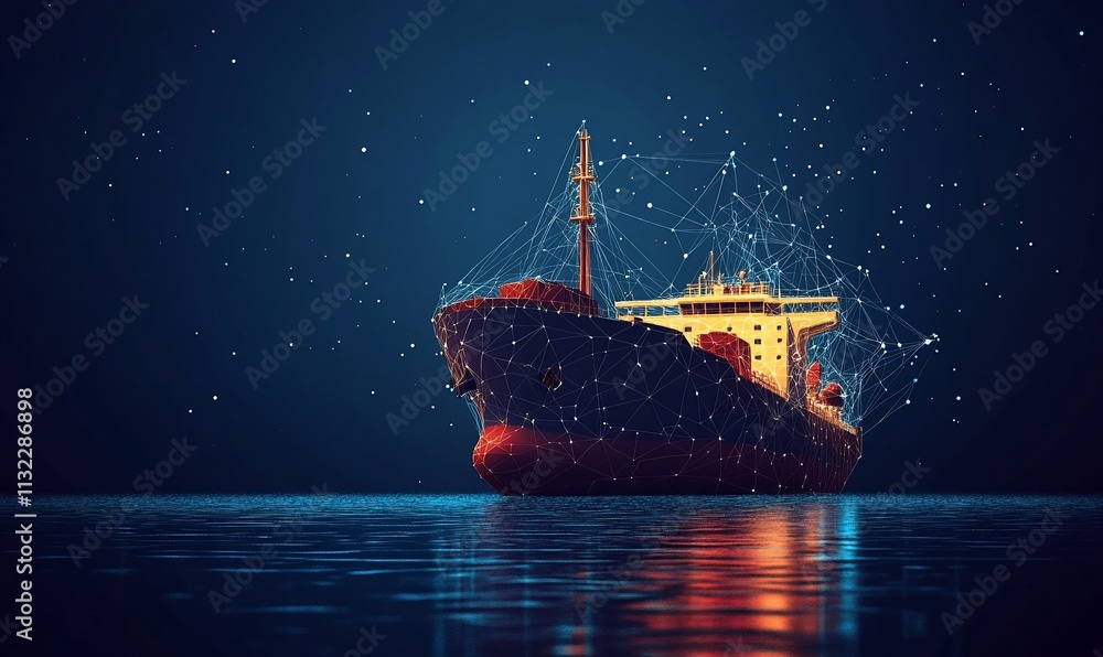Aufkleber a digital representation of a cargo ship surrounded by a network of connections.